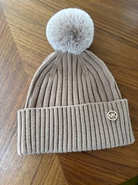Michael Kors Taupe Ribbed Beanie with Fur Pom